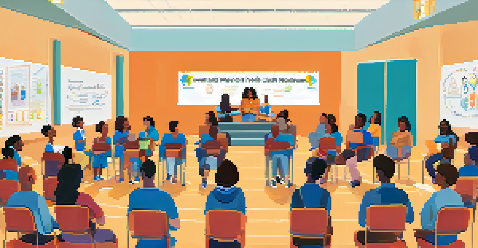 Parents and guardians attending a mental health workshop in a school auditorium, engaging with the speaker and taking notes.