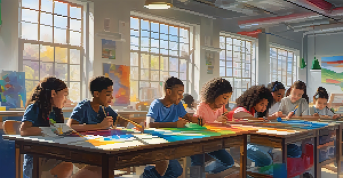 A diverse group of students working together on a creative STEAM project in a bright classroom.