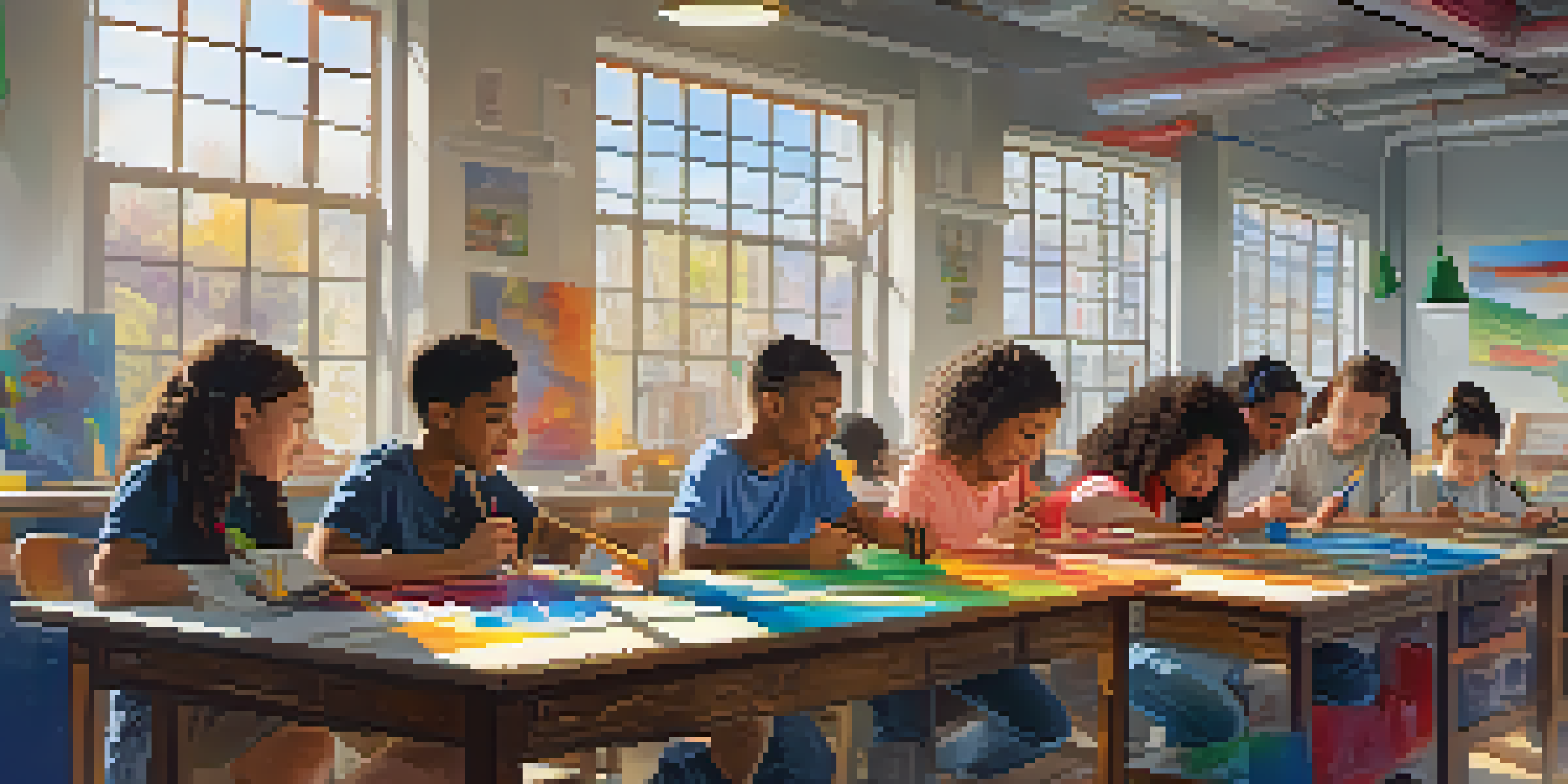 A diverse group of students working together on a creative STEAM project in a bright classroom.