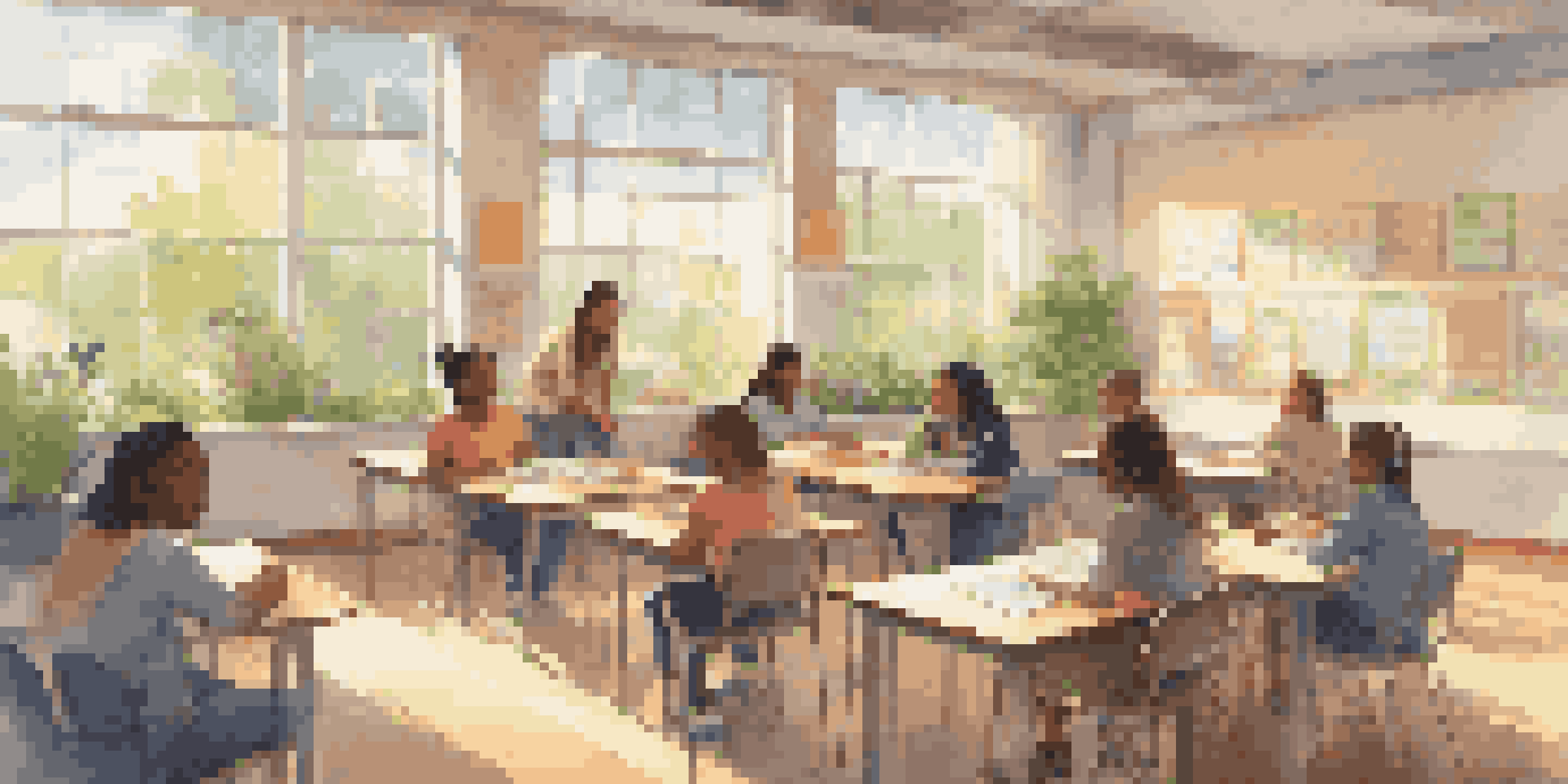A bright and inviting classroom with students discussing in groups and a teacher listening attentively, decorated with posters about emotional resilience.