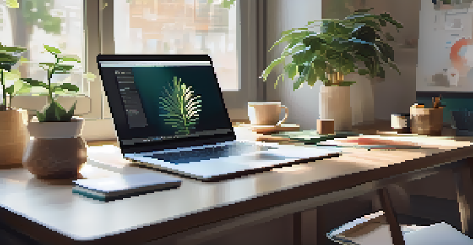 A workspace with a laptop displaying a digital portfolio, surrounded by office supplies and a plant, illuminated by natural light.