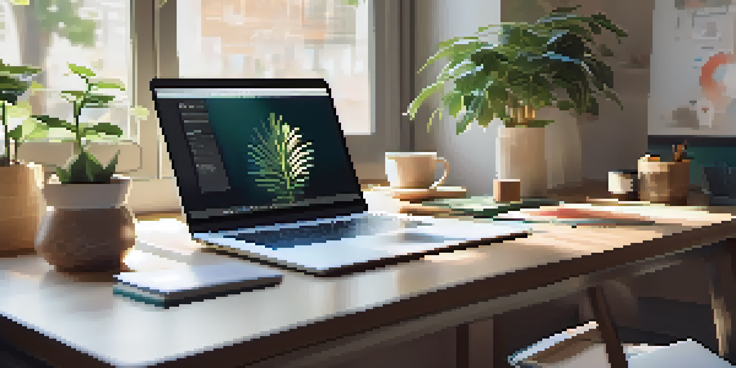 A workspace with a laptop displaying a digital portfolio, surrounded by office supplies and a plant, illuminated by natural light.