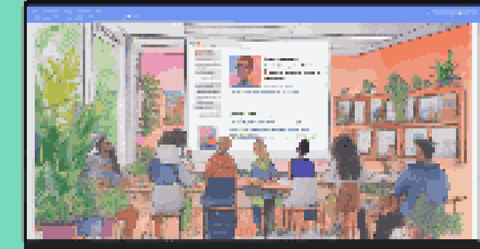 A computer screen showing a lively online discussion forum with students' reflections and comments, set in a modern workspace.