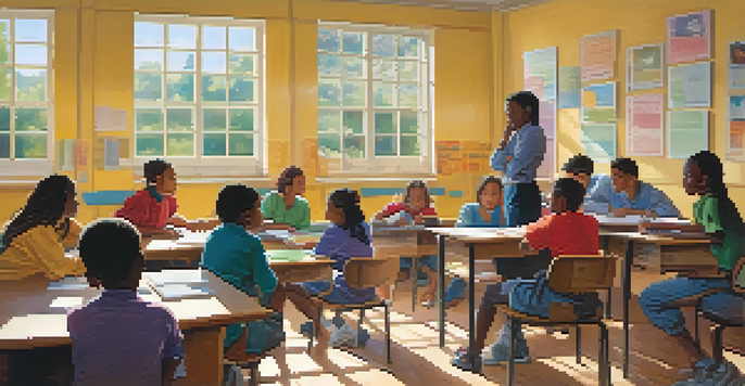 A diverse group of students in a bright classroom practicing conflict resolution through role-playing activities, showing engagement and empathy.