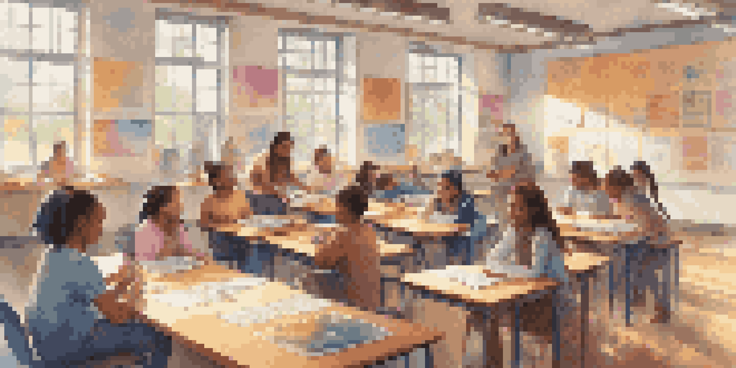 A teacher interacting with students in a colorful classroom, using tablets and project presentations. Natural light illuminates the space, creating an engaging learning environment.
