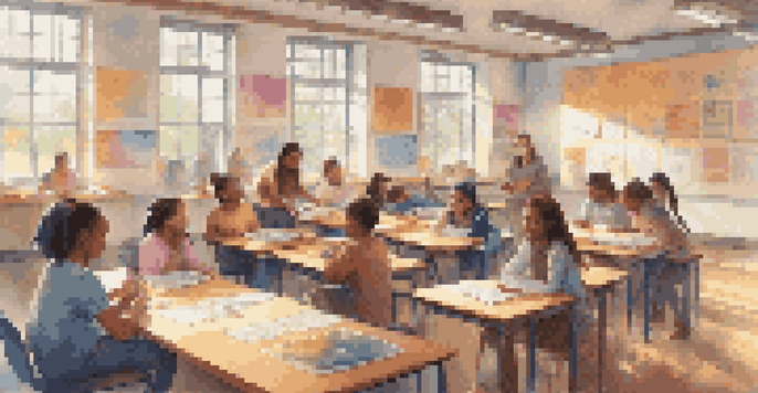 A teacher interacting with students in a colorful classroom, using tablets and project presentations. Natural light illuminates the space, creating an engaging learning environment.