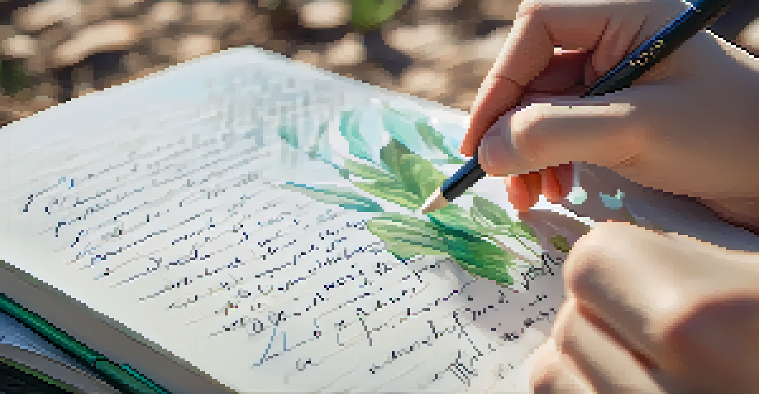 A close-up of a hand writing in a journal, with beautiful handwriting against a blurred nature background.