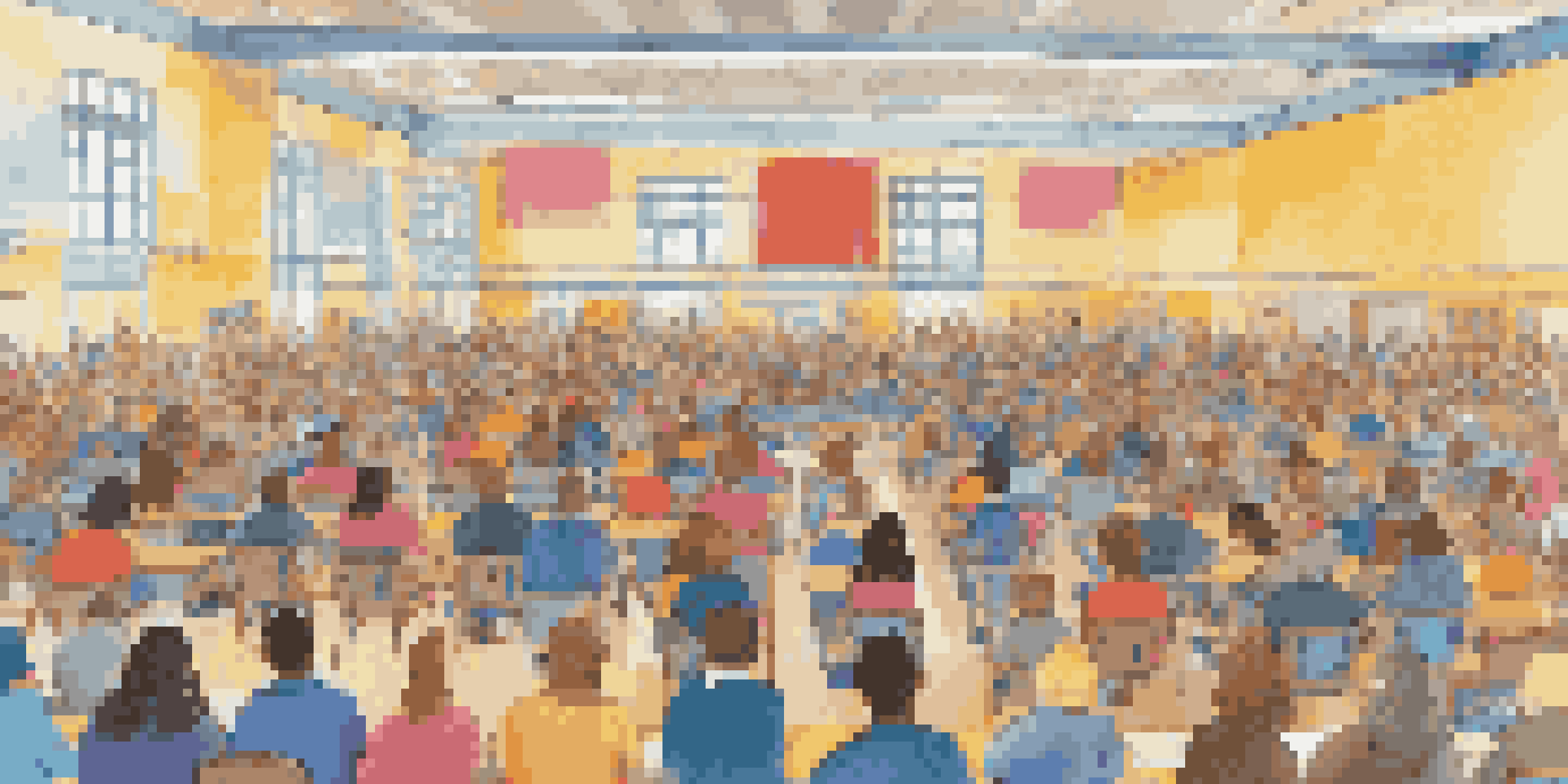 A diverse group of parents, teachers, and students engaged in a lively discussion about educational policies in a school gymnasium, surrounded by colorful advocacy posters.