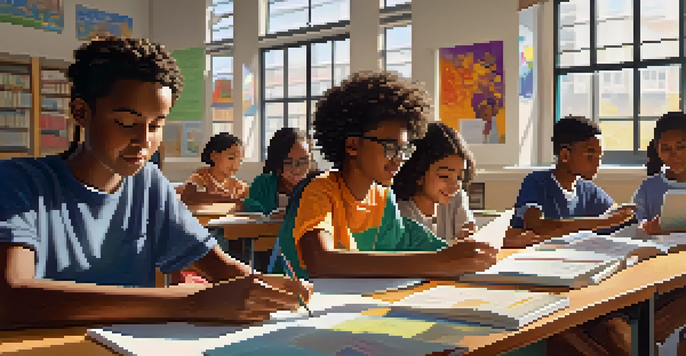 A diverse group of students studying together in a bright classroom filled with educational posters and natural light, symbolizing collaboration and unity in learning.