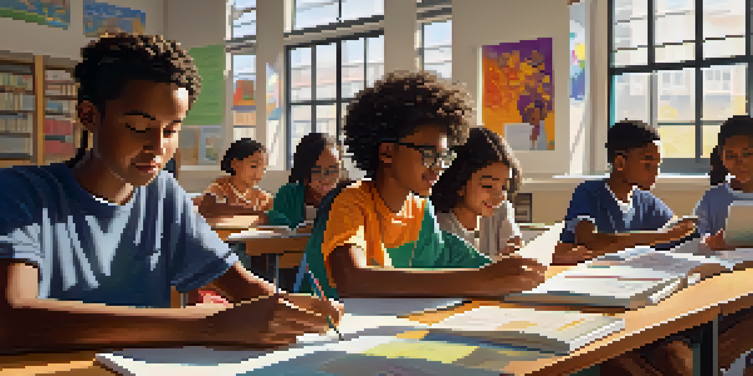 A diverse group of students studying together in a bright classroom filled with educational posters and natural light, symbolizing collaboration and unity in learning.