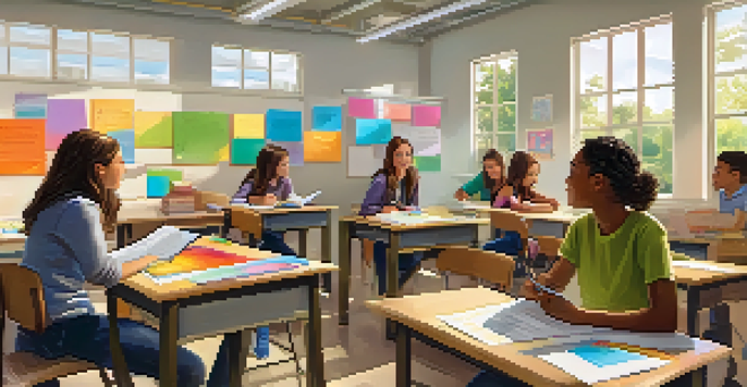 A classroom scene with a teacher and students engaged in learning, while an instructional coach observes and takes notes.