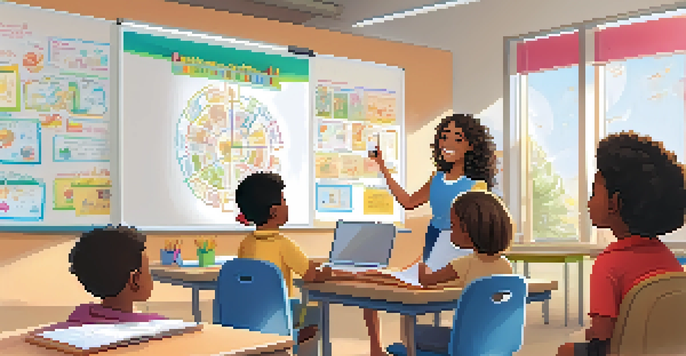 A teacher interacting with students in a bright classroom filled with natural light and educational materials.