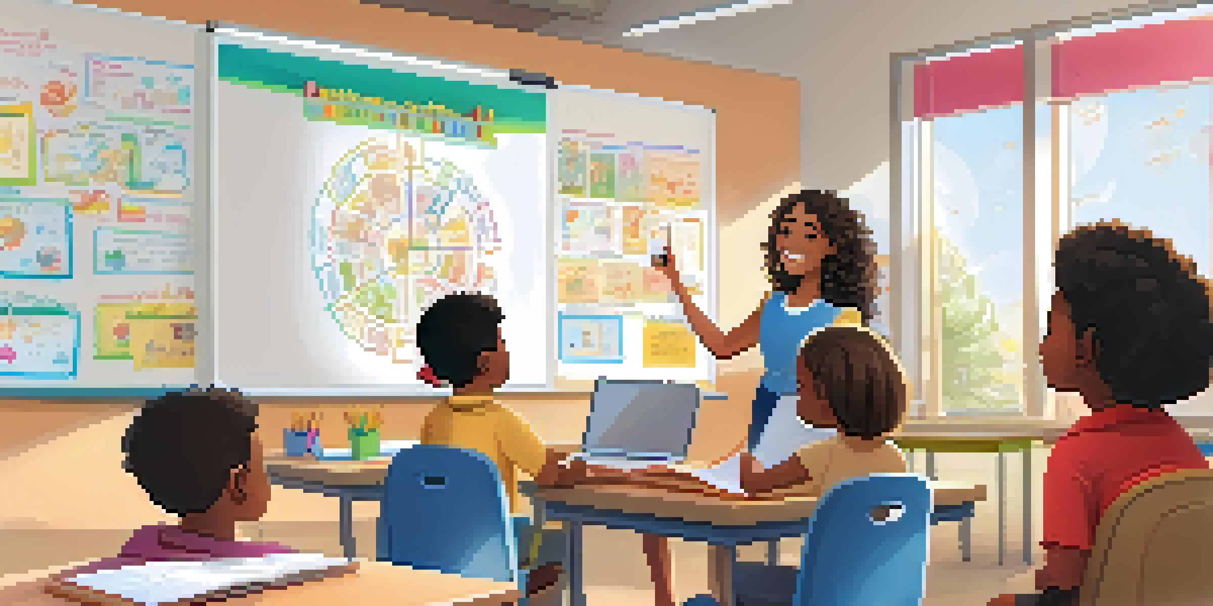 A teacher interacting with students in a bright classroom filled with natural light and educational materials.