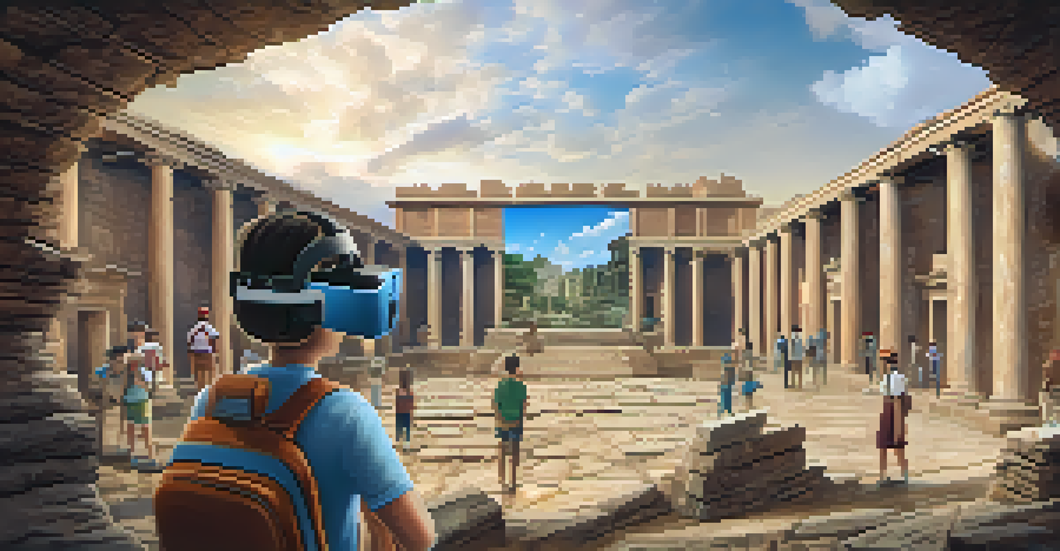 Students in a virtual reality classroom, wearing VR headsets and exploring ancient ruins, surrounded by digital elements.