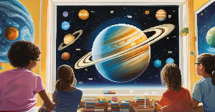 A diverse group of students in a classroom, wearing augmented reality glasses and interacting with a colorful 3D model of the solar system.