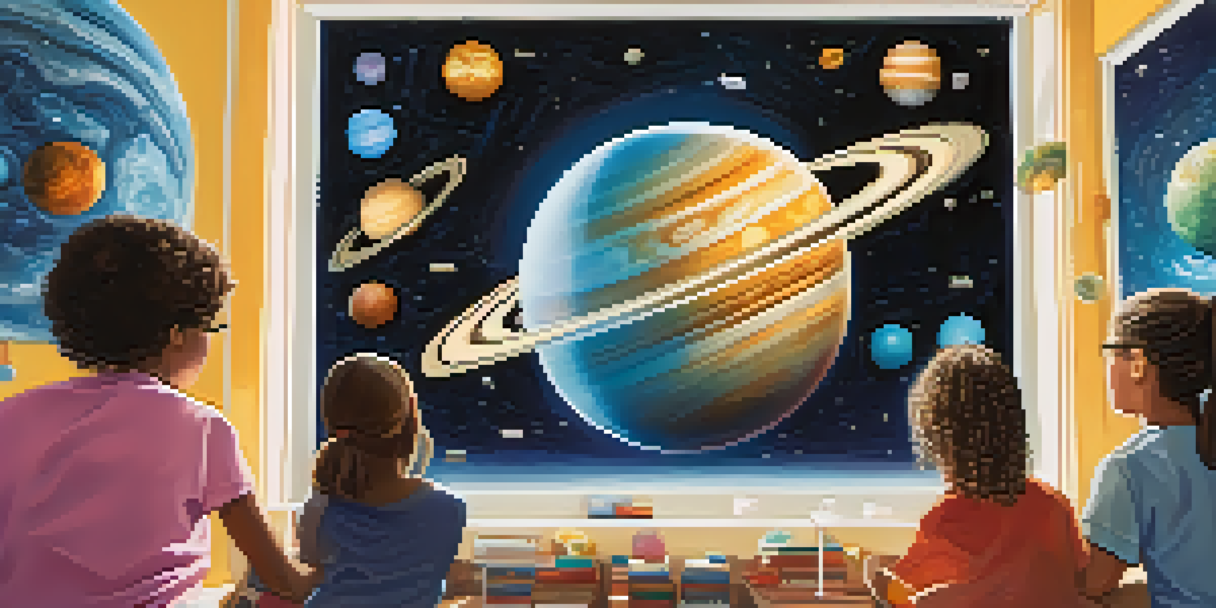A diverse group of students in a classroom, wearing augmented reality glasses and interacting with a colorful 3D model of the solar system.
