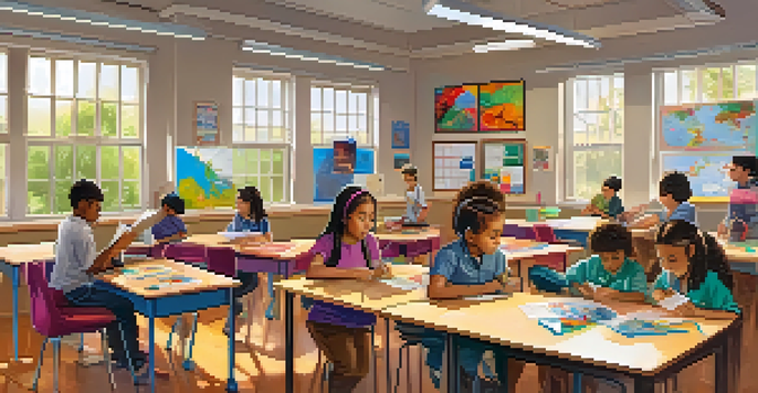 A diverse group of students actively participating in various learning activities in a colorful classroom, with sunlight streaming in.