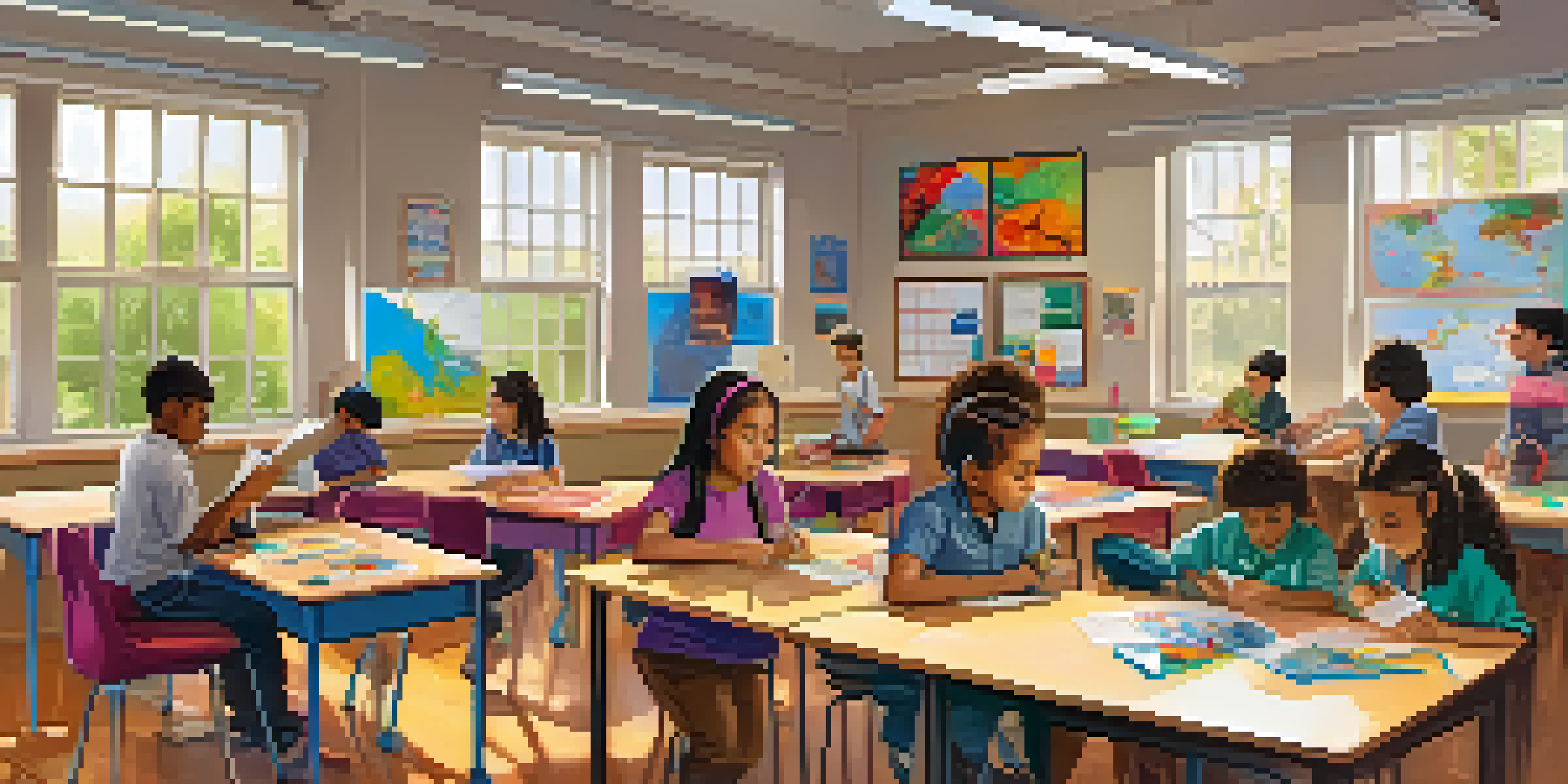 A diverse group of students actively participating in various learning activities in a colorful classroom, with sunlight streaming in.