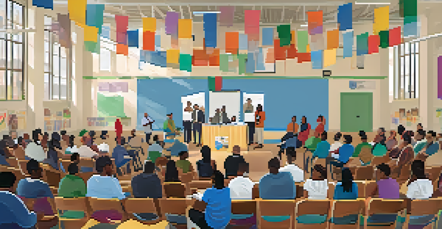 A community forum in a school gymnasium with parents, teachers, and local leaders discussing crisis management strategies, showcasing collaboration.