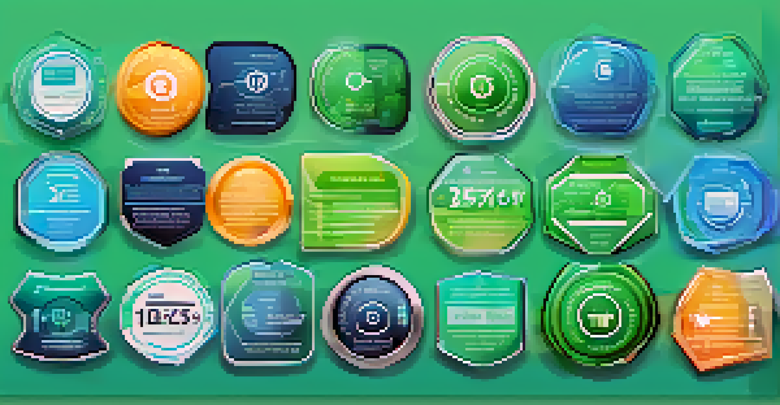 An infographic displaying various digital badges for skills like coding and leadership on a blue-green gradient background.