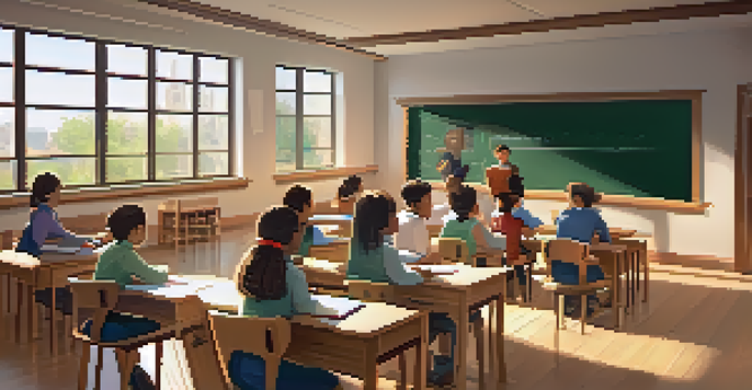 A classroom with students discussing around wooden desks, a digital screen displaying learning materials, and sunlight streaming through windows.