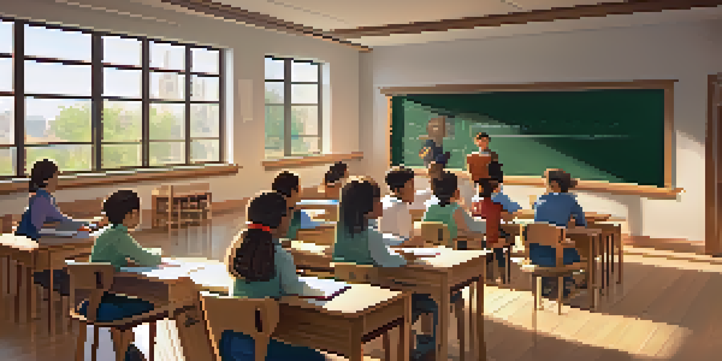 A classroom with students discussing around wooden desks, a digital screen displaying learning materials, and sunlight streaming through windows.