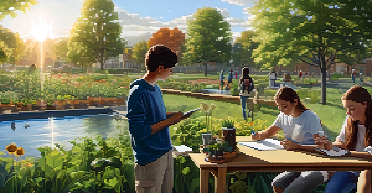 Students studying a local environmental issue in a community garden, examining plants and taking notes in a sunny outdoor setting.