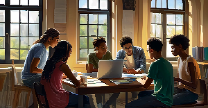 A diverse group of students collaborating around a table with laptops and tablets, showcasing teamwork and technology.