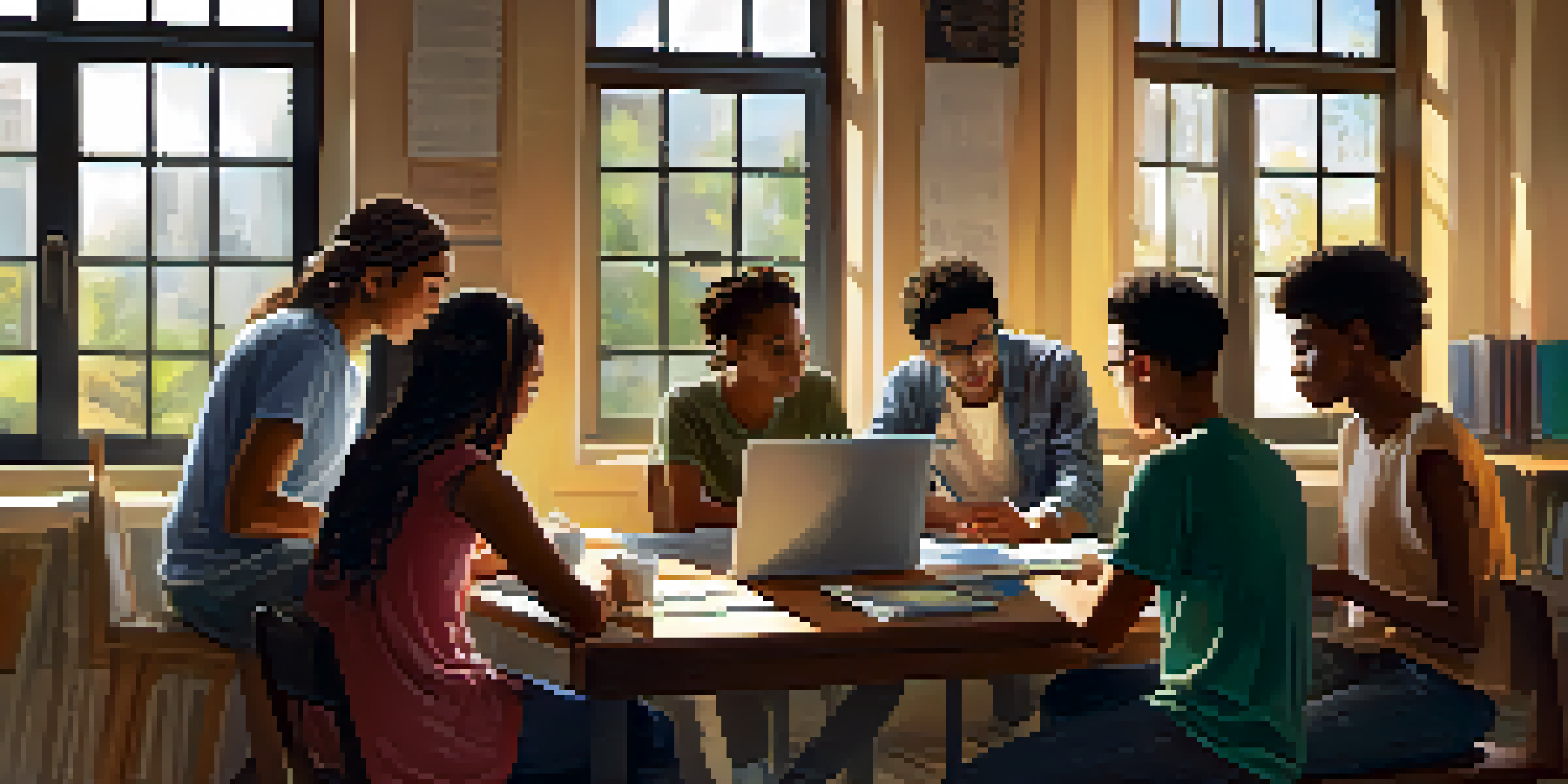 A diverse group of students collaborating around a table with laptops and tablets, showcasing teamwork and technology.