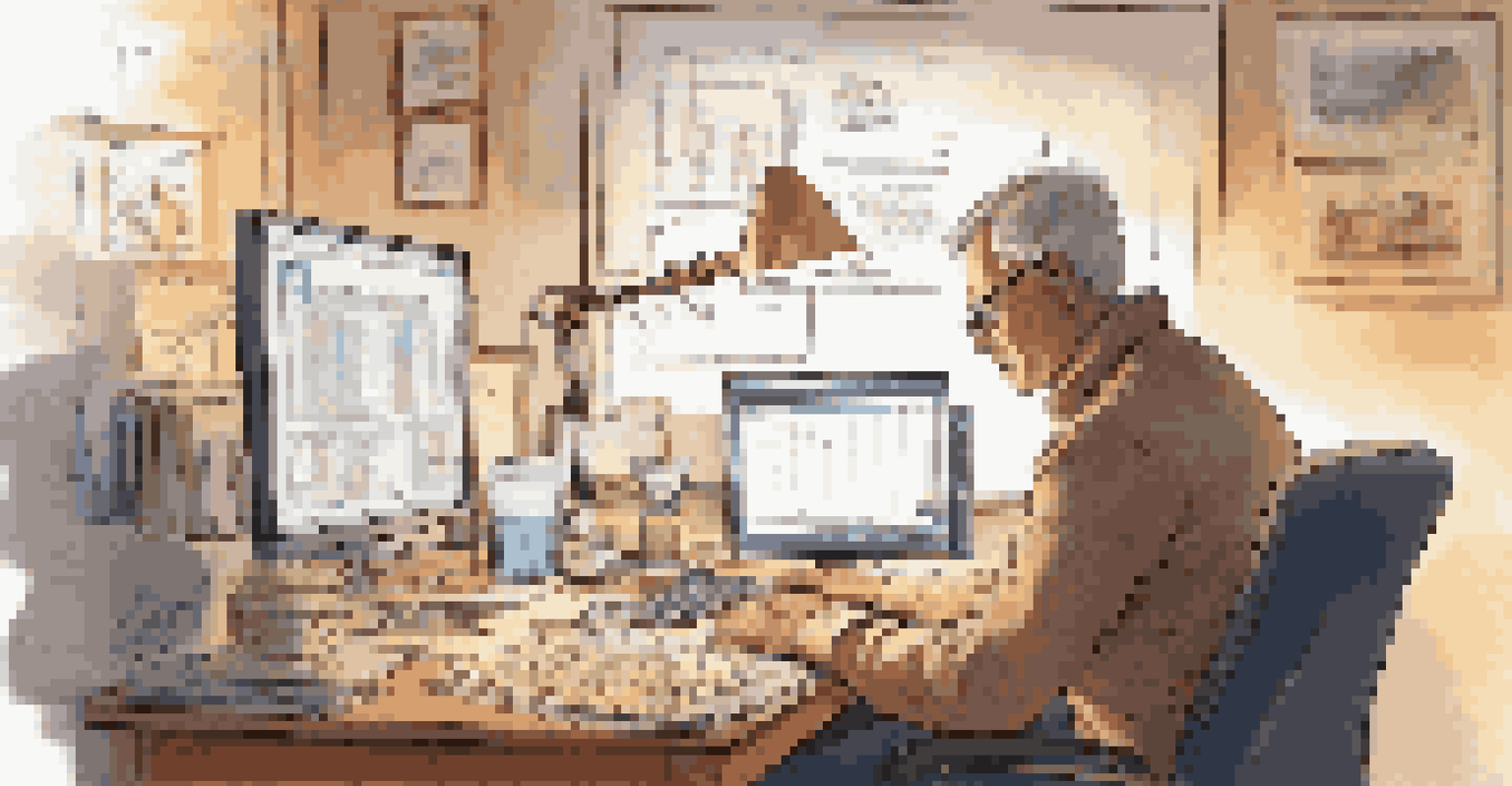 An adult learner practicing data analysis in a cozy home office, focused on a computer displaying charts and graphs.