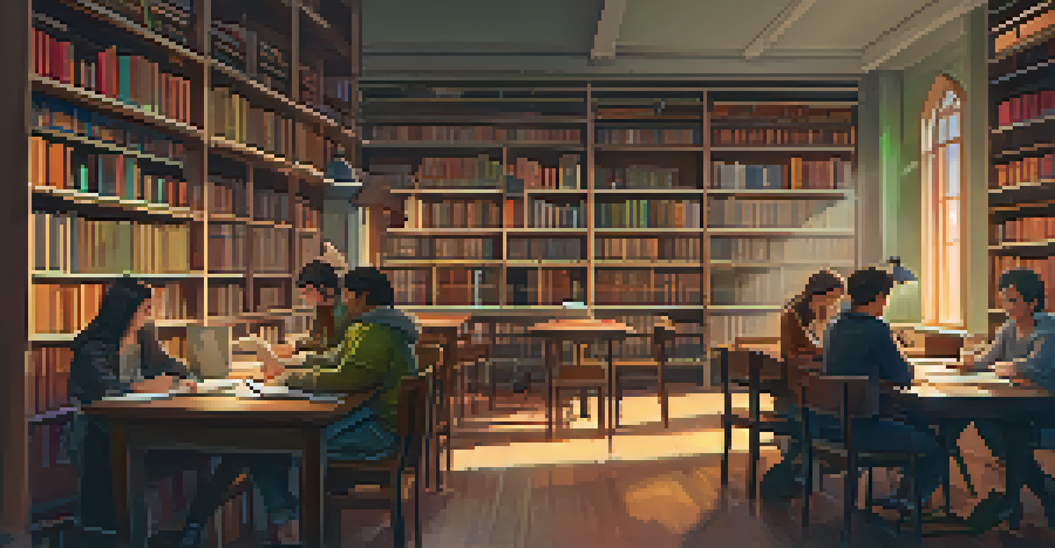 A small group of students studying together in a cozy library, sharing notes and ideas around a table filled with books and laptops.