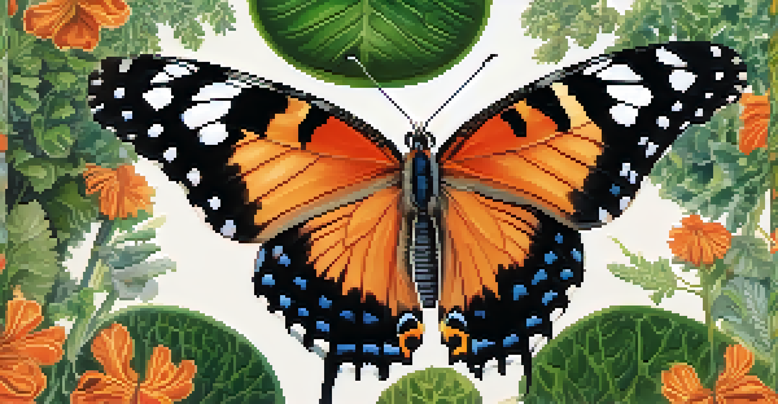 A symmetrical butterfly with orange and black patterned wings perched on green foliage.