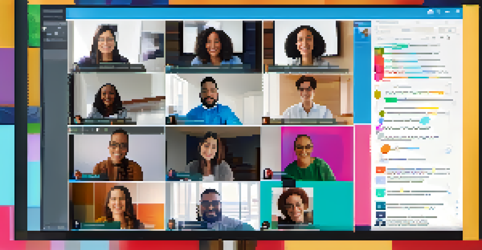 A video conferencing session with diverse participants engaged in discussion, filled with colorful charts and notes on the screen.