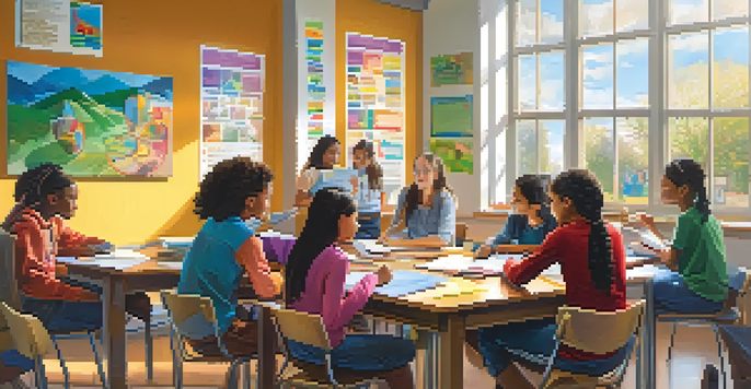 A diverse group of students actively participating in a collaborative learning activity in a colorful classroom.