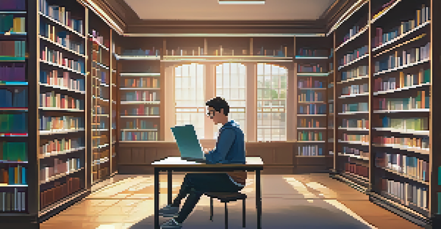 A student in a cozy library reviewing online educational materials on a laptop surrounded by books and notes.