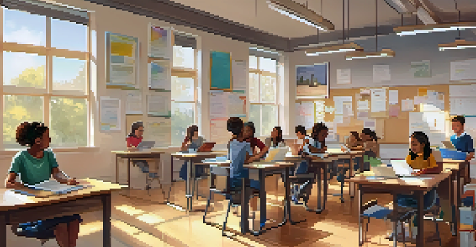 A vibrant classroom with diverse students collaborating on a science project, surrounded by educational materials and bright sunlight.