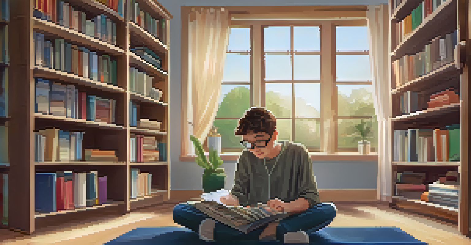 A student at home watching a video lecture on a tablet in a cozy study area with bookshelves and study materials.