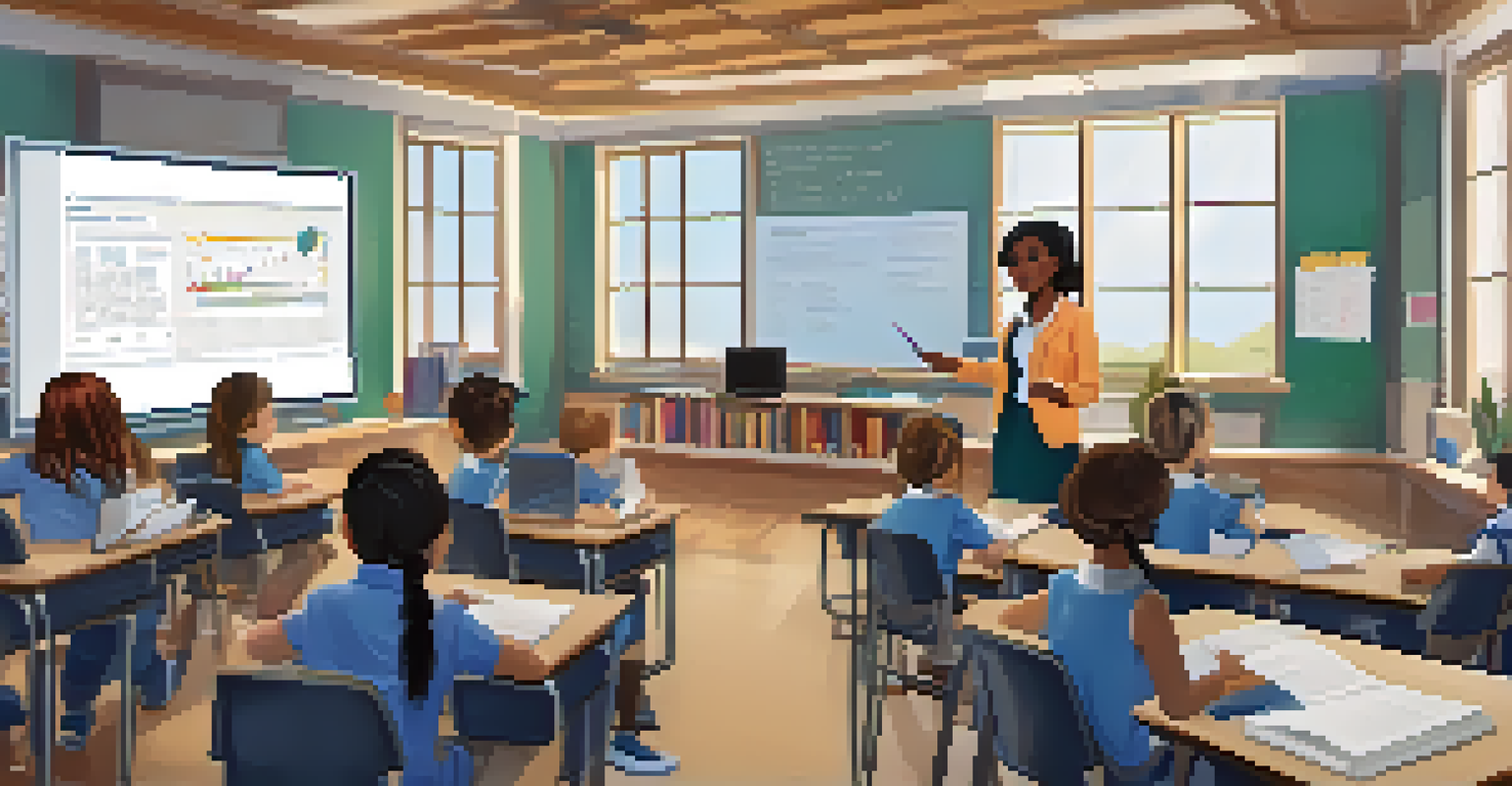 A teacher analyzing student assessment data on a laptop, with analytics displayed on a large screen in a well-equipped classroom.