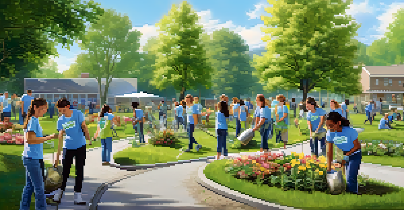 Students volunteering in a park, planting trees and flowers, under a clear blue sky with a lush green background.