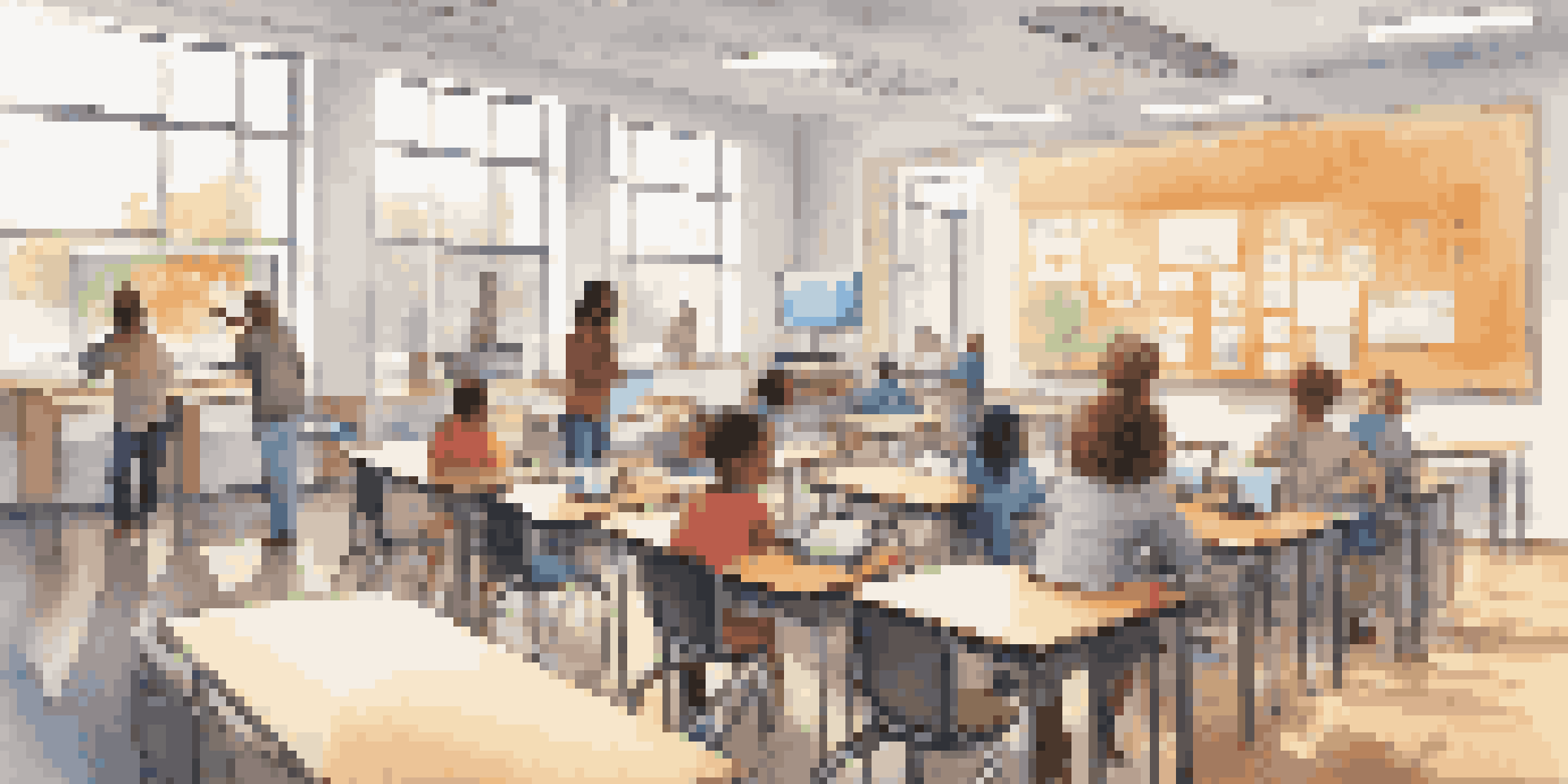 A modern classroom with diverse students engaged in personalized learning, using tablets and interactive screens with bright natural light.