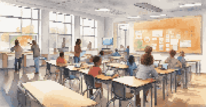 A modern classroom with diverse students engaged in personalized learning, using tablets and interactive screens with bright natural light.