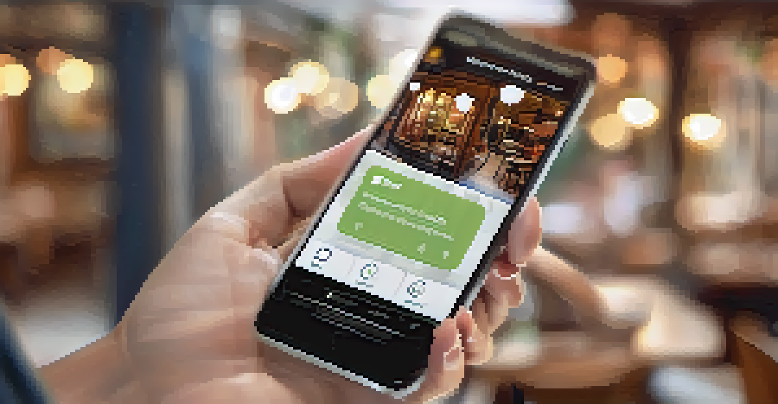 A hand holding a smartphone with a networking app, in a cozy cafe setting.