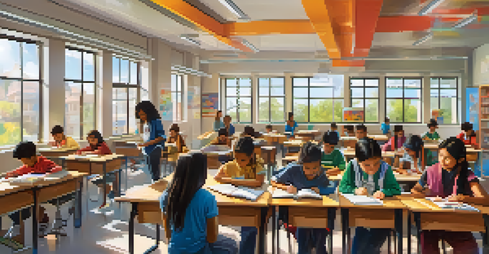 A diverse group of students collaborating in a colorful classroom, with educational materials in several languages visible around them.