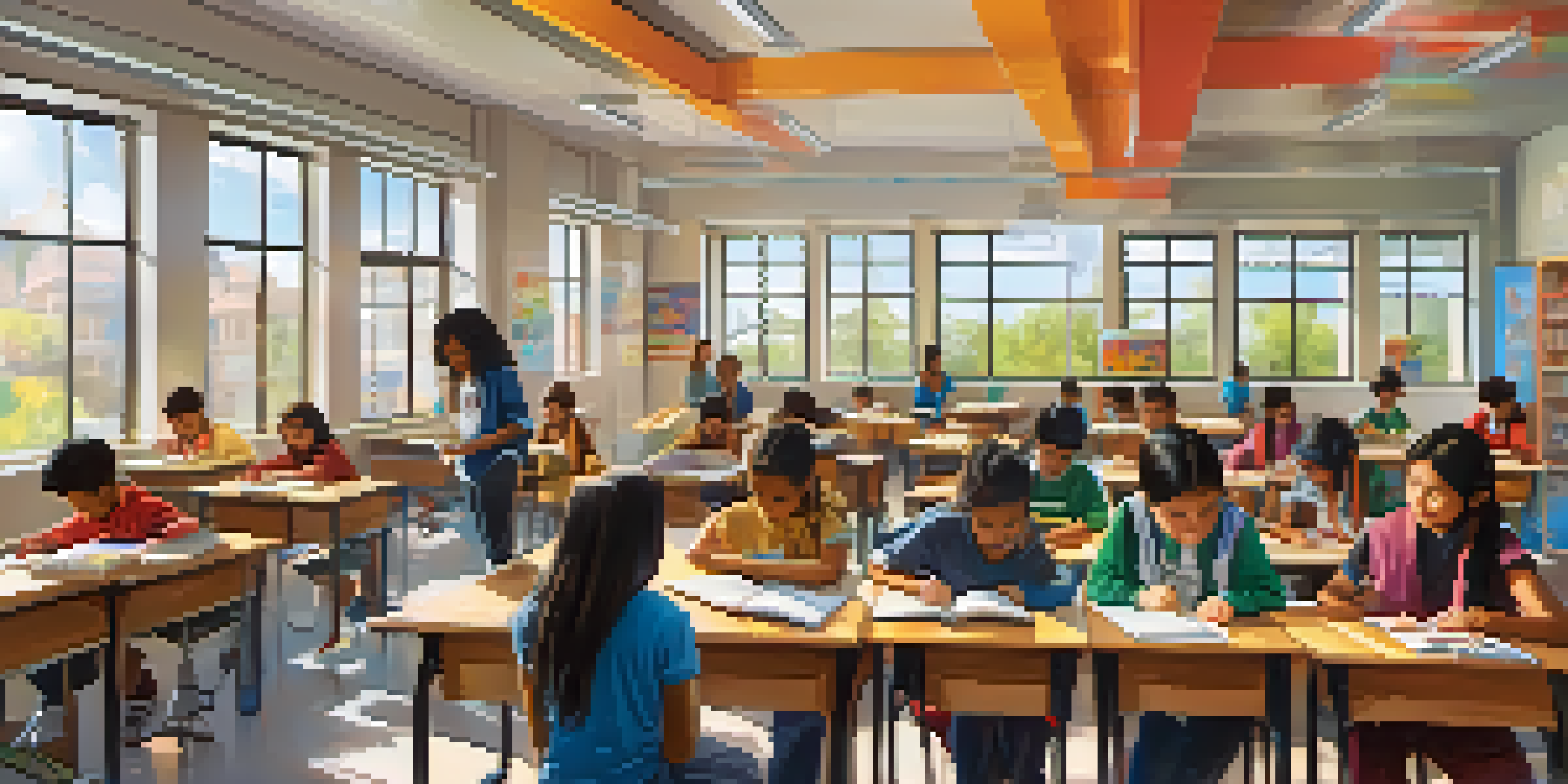 A diverse group of students collaborating in a colorful classroom, with educational materials in several languages visible around them.