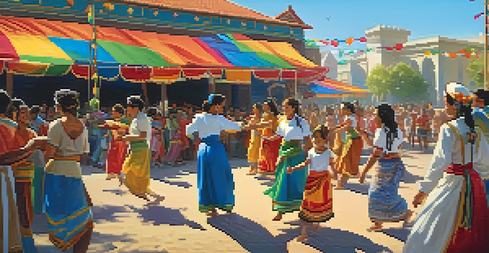 A lively cultural festival with families dancing and enjoying traditional food, set against a historical building under a bright sky.