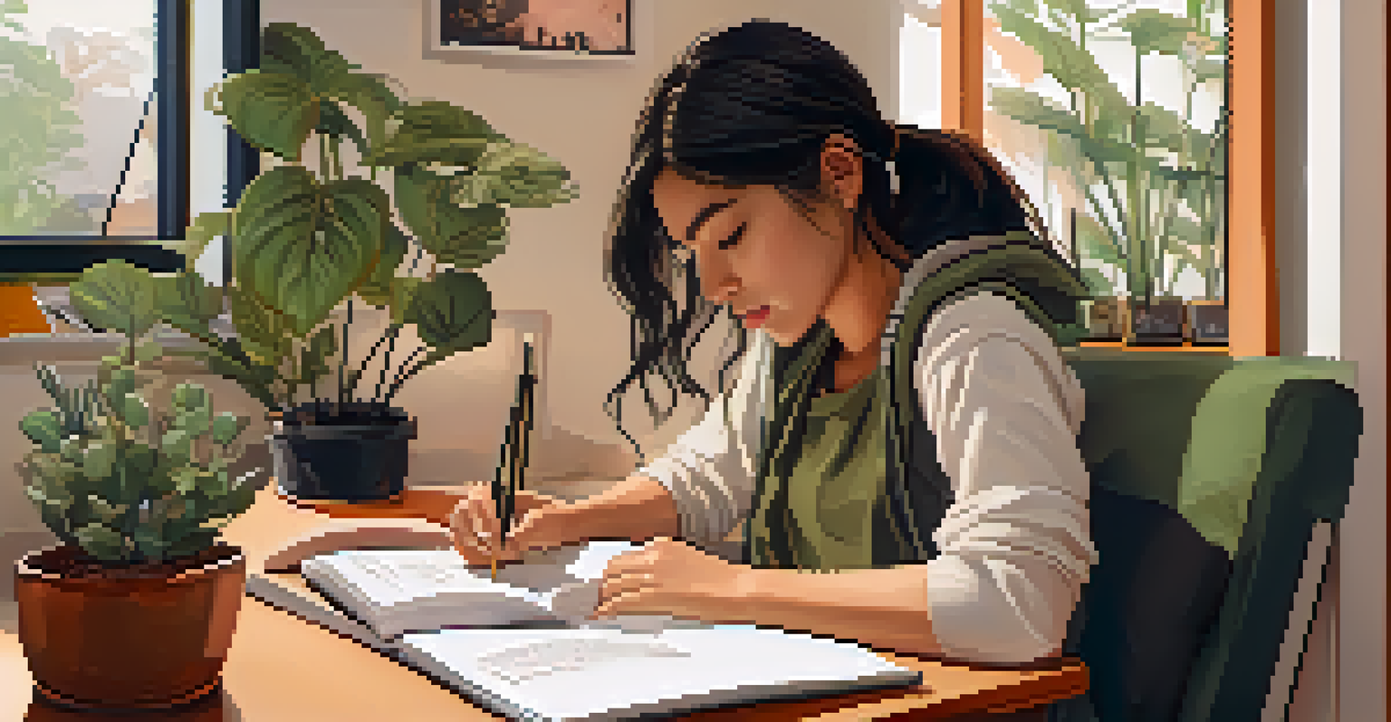 A close-up of a student writing in a journal at a cozy desk, surrounded by plants and motivational quotes, symbolizing reflection and personal growth.