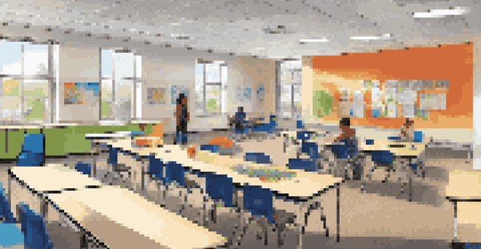 A flexible classroom with movable furniture, natural light, and diverse students engaged in various learning activities.