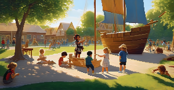 Children playing in a playground during golden hour, a pirate costume and cardboard ship, with a sandcastle in view.