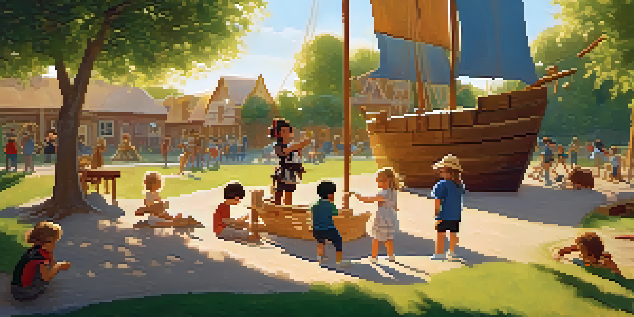 Children playing in a playground during golden hour, a pirate costume and cardboard ship, with a sandcastle in view.