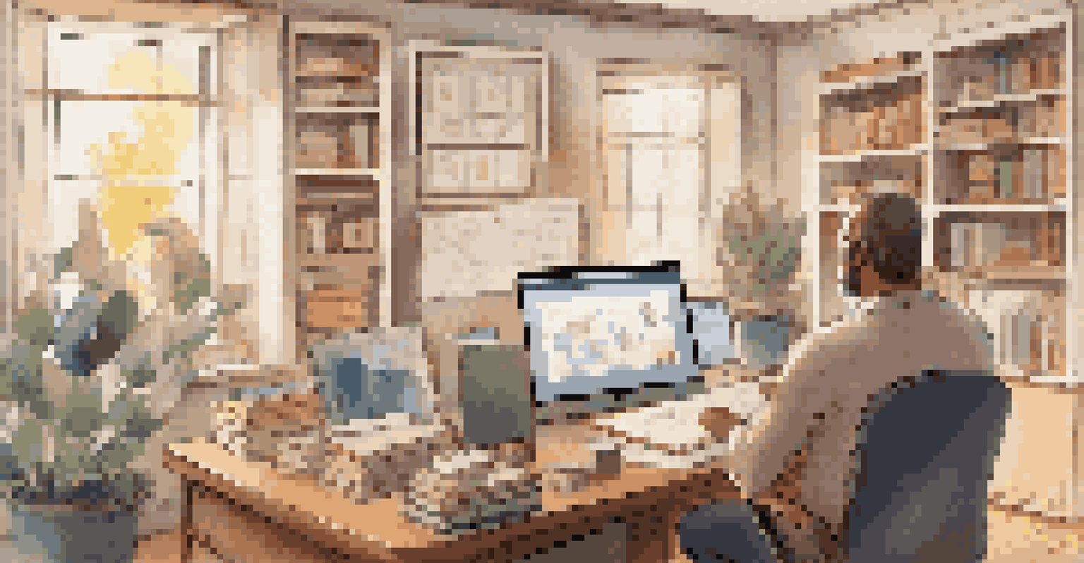 An educator giving an online lecture in a cozy home office, with students engaged on their devices shown on a large screen.